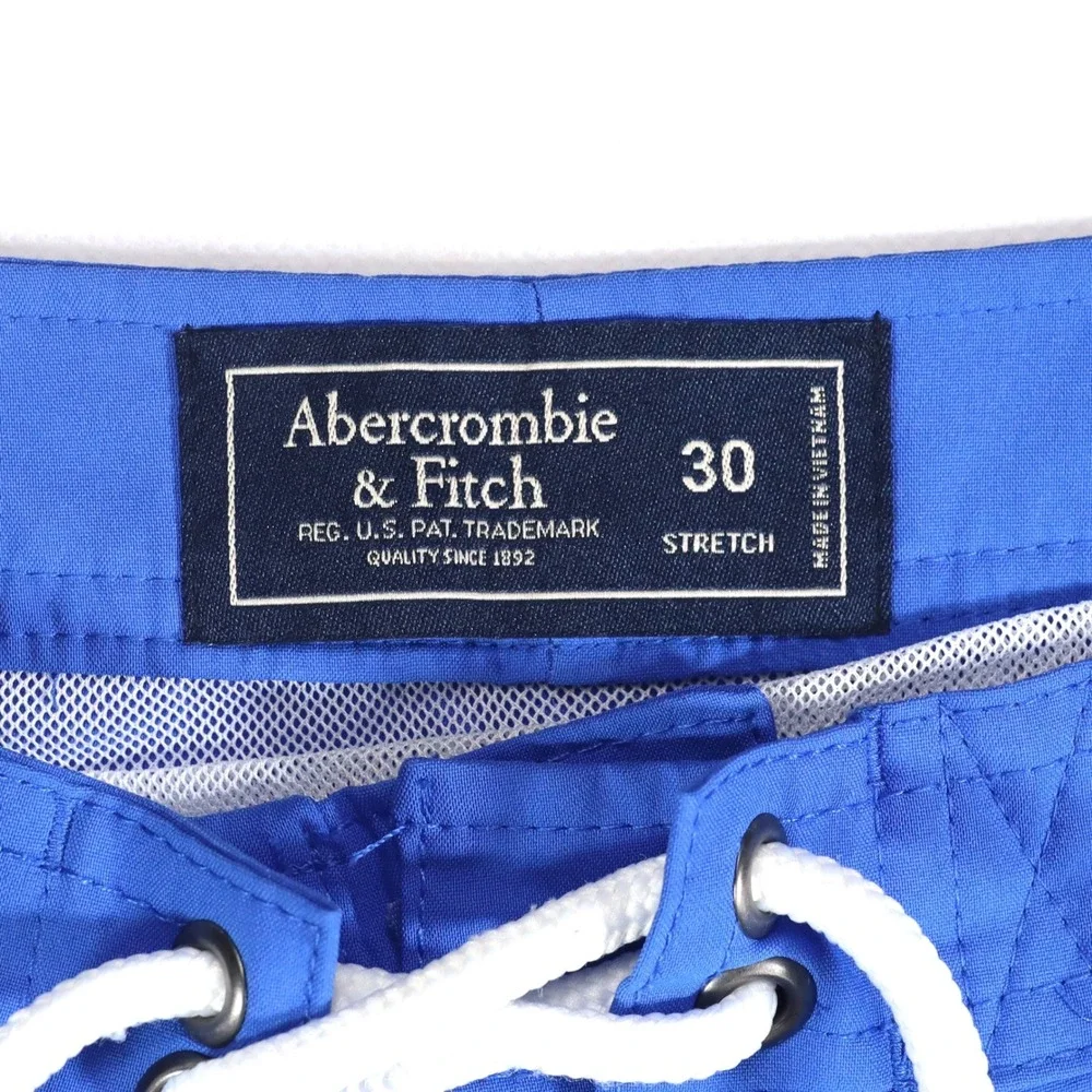 Abercrombie & Fitch Board Shorts Mens 30 Blue Logo Tape Stretch Swim Trunks EUC‎